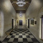 Elegant hallway with a black and white checkered floor, arched doorways, and ornate chandeliers.